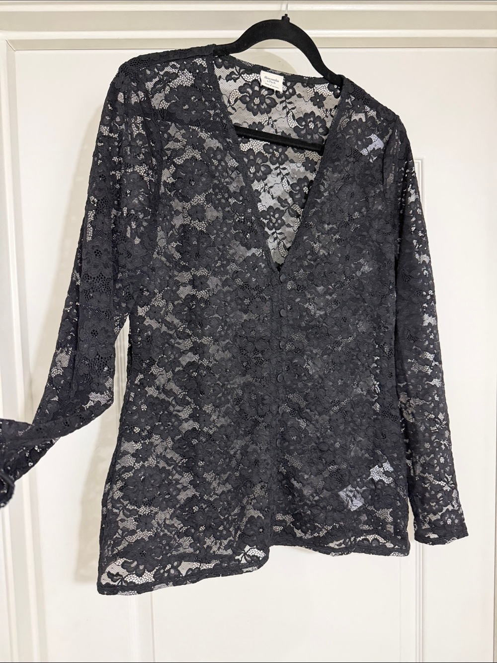 Abercrombie & Fitch Women's Black Lace V-Neck Long-Sleeve Top NWT size L